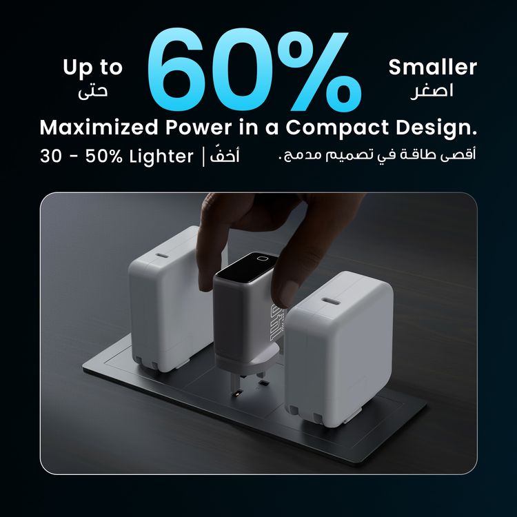 Powerology Voltflow GaN Wall Charger with PD 140W, Single USB-A & Triple USB-C Ports, Ai Temperature Control, Fast Charge Support, Multiple Device Compatibility, TFT Smart Display Interface - Black