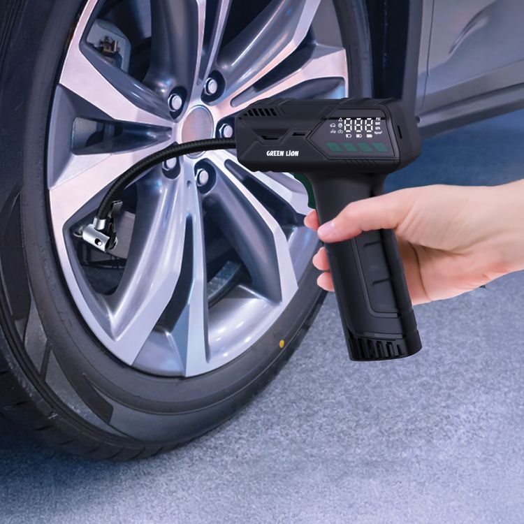 Green Lion Hyper Air Tyre Inflator with 150 PSI High Pressure, Quick Inflation, Multi-Nozzle Adapters, Digital Gauge, Preset & Manual Modes, Built-in LED Light, 51cm Flexible Hose, 50W Power, USB-C Charging Port, <85 dB Noise Level, 17mm Noise Level - Black