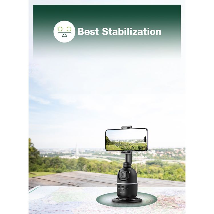Green Lion Auto Track Gimbal, Multi-Device Support, Face Tracking, Gesture Detection, 3W Power, 1200mAh Battery, 1-4m Range,  6.5-9.5cm Phone Holder, Type-C Charging Port - Black