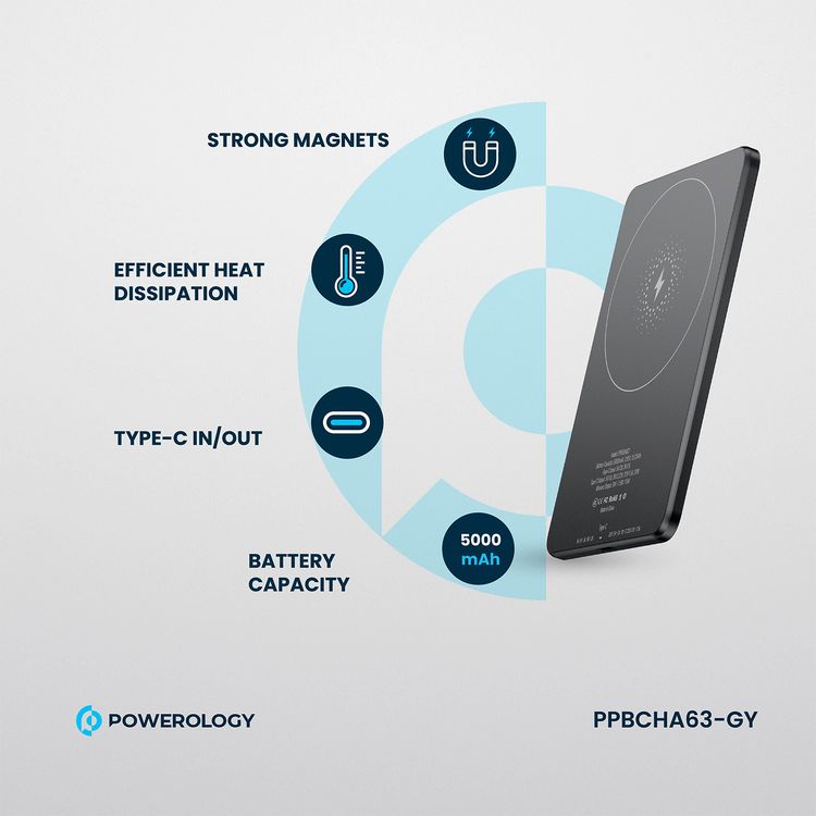Powerology Ultra-Thin 5000mAh MagSafe Power Bank, Portable & Lightweight, Efficient Heat Dissipation, Aluminum Housing, Built-In Safeguards, Strong Magnet - Gray