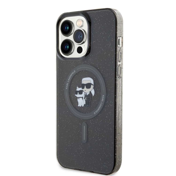 Karl Lagerfeld Magsafe IML with Karl & Choupette Heads Glitter Case - Black - iPhone 15 Pro Max