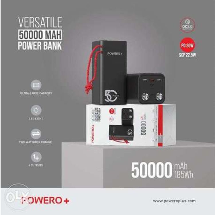 Powero+ Versatile Power Bank 50000mAh PD20W QC3.0 with LED Light Battery Level Indicator & 4 Output - Fast Charging Portable Charger Powerbank - Two Way Quick Charge - Black