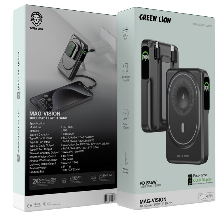 بنك الطاقة جرين ليون ماج-فيجن بقوة 10000 مللي أمبير مع كابلين مدمجين، منفذ USB-C، دعم الشحن السريع، توصيل طاقة 22.5 وات، حامل، شحن لاسلكي بقوة 15 وات - أسود