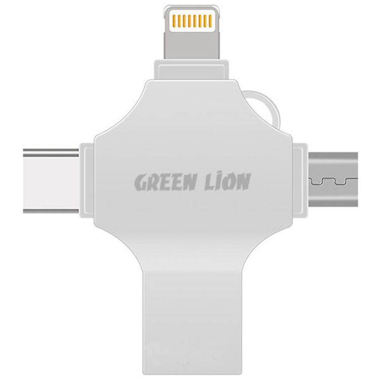 Green Lion 4-in-1 USB Flash Drive 256GB with High Speed Data Transfer, USB-A, USB-C, Micro USB & Lightning Connectors - Silver