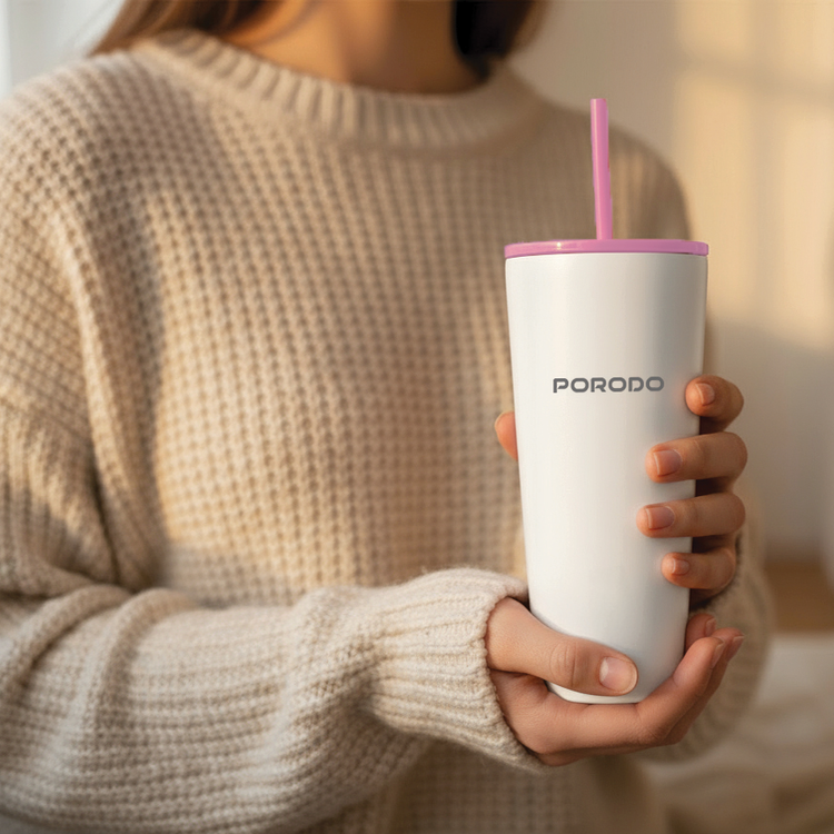 Porodo Stainless Steel Double Wall Tumbler with 710mL Capacity, Eco-Friendly Material, Leak-Proof & High-Capacity Design - White