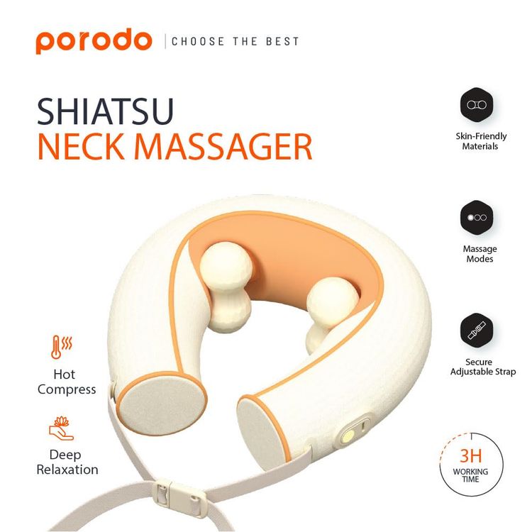 Porodo Shiatsu Neck Massager with 220 Minutes Working Time, 1800mAh Battery Capacity, Secure Adjustable Strap, 15-Minute Session Time, Multiple Massage Modes, Skin-Friendly Materials - Yellow
