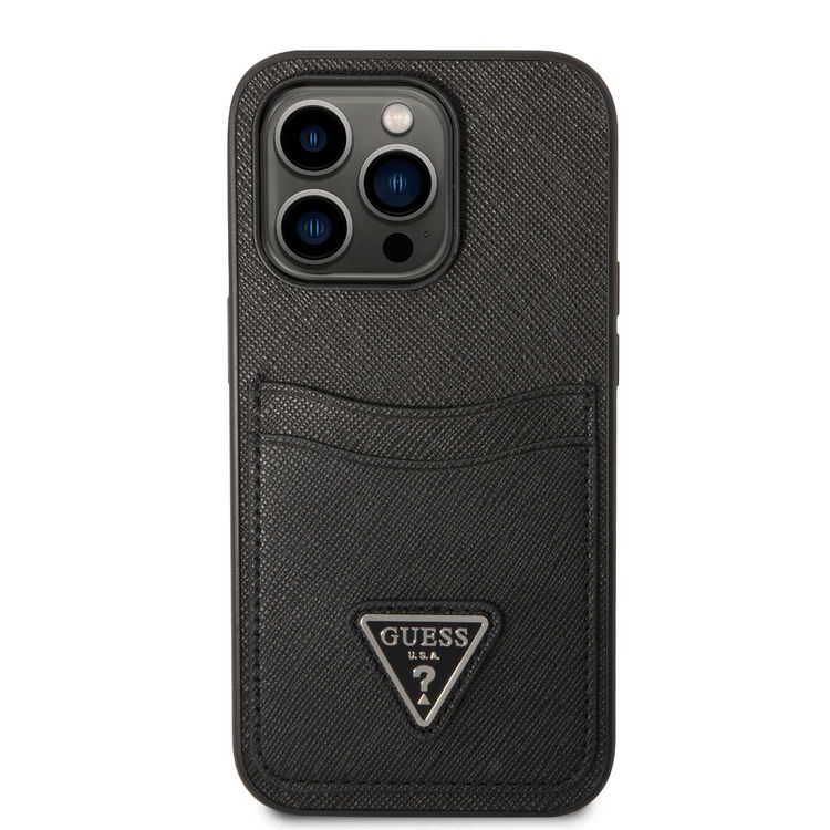 Guess Saffaino Case with Double Card Slot & Triangle Logo - Black - iPhone 15 Pro