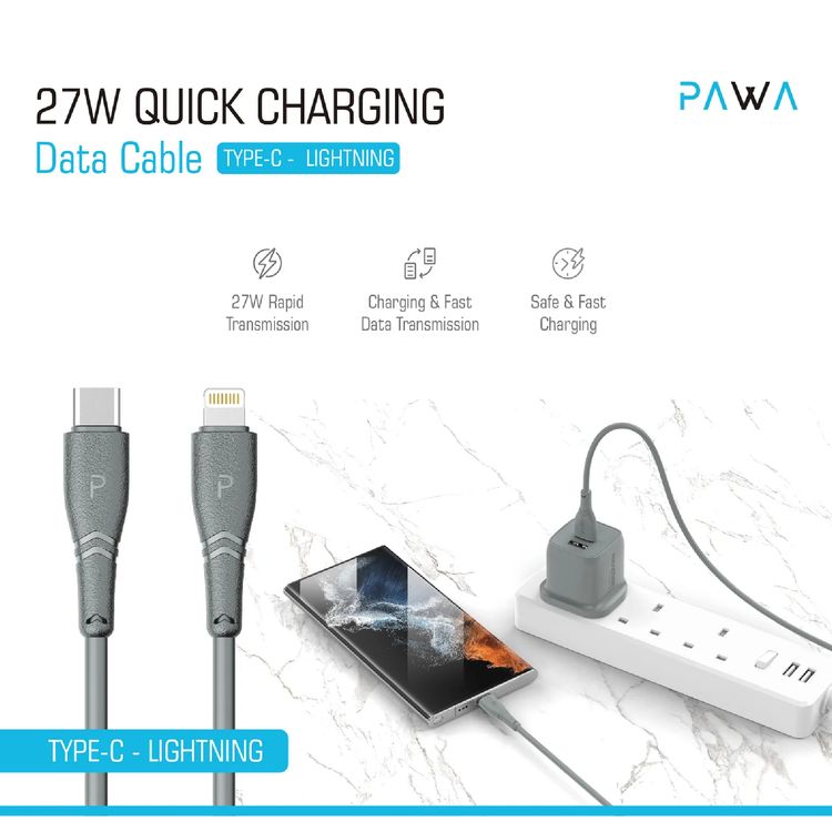 كابل Pawa 3A للشحن السريع من PVC USB-A إلى Lightning بطول 1.2 متر/4 قدم - رمادي