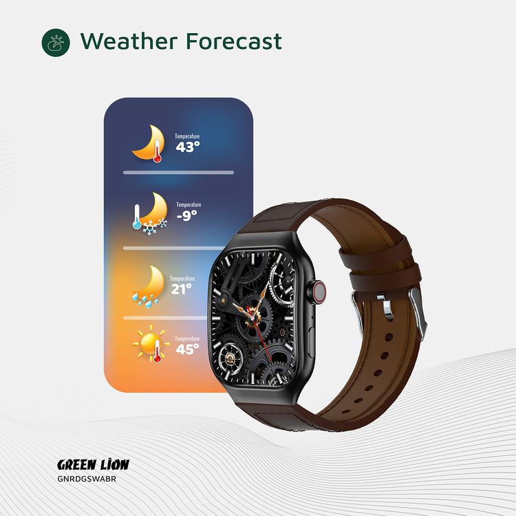Green Lion Ridge Smart Watch with Magnetic Charging, Bluetooth Calls, Music Player, Health Monitoring, Metal Case Material, PU Leather Strap Material - Black / Brown