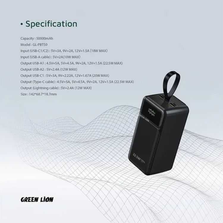 Green Lion Power Tank 50000mAh Power Bank with Built-in Cables, 22.5W Power Delivery, Fast Charging Support, LED Display, Long Battery Life, Portable - Black