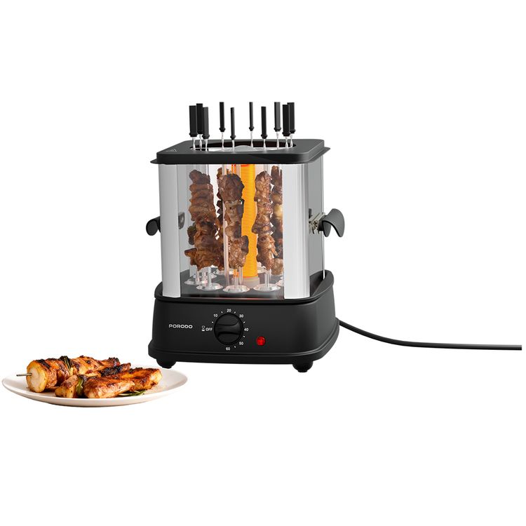 Porodo Lifestyle GrillJet Electric Rotisserie Kebab Grill with Timer, Auto-Rotating Skewers and Gears, Tempered Glass Cover, Removable Drip Tray, Auto Shut-Off Function, Anti-Slip Feet, 360°c Individual Skewer Rotation, Teflon Coated Tray - Black