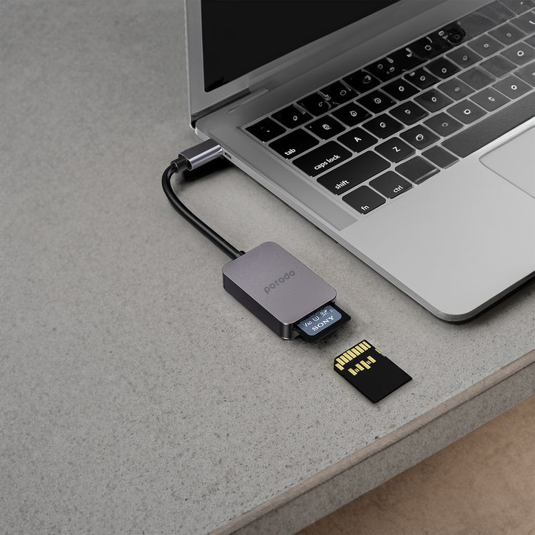 Porodo 2-in-1 USB-C Card Reader with Type-C Input, SD V4.0 & Micro SD V3.0 Super Speed Slots, 5 Gbps Data Transfer Speed, Super Lightweight and Portable - Gray 