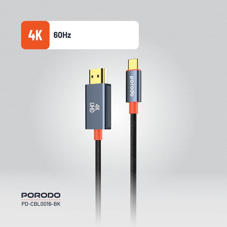 Porodo Aluminum Alloy Woven Cable Type-C to HDMI, 2m Cable Length, Ultra HD 4k Resolution, Plug & Play, Tangle Free - Black