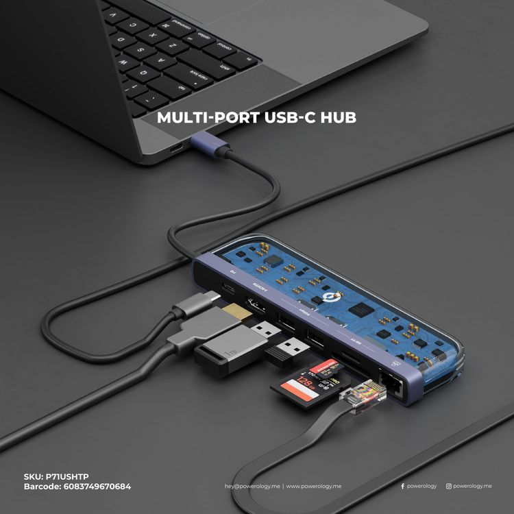 Powerology Universal 7-in-1 USB-C Multi Hub بتصميم شفاف