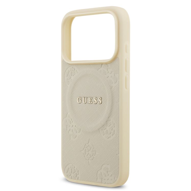 غلاف غيس ماجسيف من جلد البولي يوريثان مع شعار كلاسيكي وتصميم ختم زهري لهاتف آيفون 17 برو، بتصميم نحيف، سهل التركيب، تغليف مستدام، ملمس مريح، وحماية من السقوط - بيج