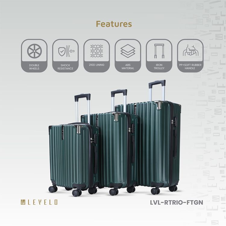 Levelo 3-Set ABS Luggage with Built-in Weighing Scale, Combination Lock, Iron Trolley, Double Wheels, Impact-Resistant Corners & Shock-Resistant, PP & Soft Rubber Handle - Forest Green