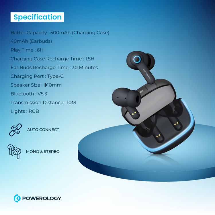 سماعات أذن لاسلكية Powerology Quad Mic ENC True، وقت تشغيل يصل إلى 6 ساعات، بلوتوث 5.3، شحن من النوع C، مسافة نقل 10 أمتار، أضواء RGB - أسود