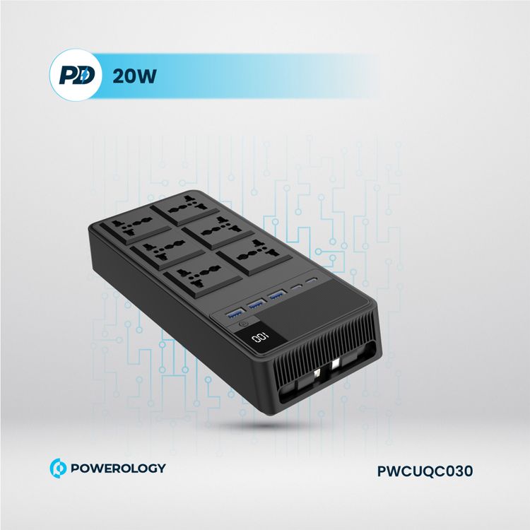 Powerology 2500W Power Strip with 6 AC Sockets & Built-in Retractable Cables, 5 USB Ports, USB-C & Lightning Outputs, Built-in Safeguards, Fire-Proof Material, 24H Timer, Simultaneous Charging, 70cm Cables Length & 3m Power Cord Length - Black