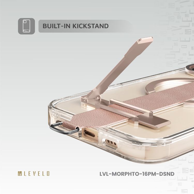 Levelo Morphix Trio Case for iPhone 16 Pro Max with Built-in Kickstand, Metal Camera Edge, MagSafe Compatible, Impact-Resistant Corners, Grip Strap & Metal Hook, Anti Yellowing - Desert Sand