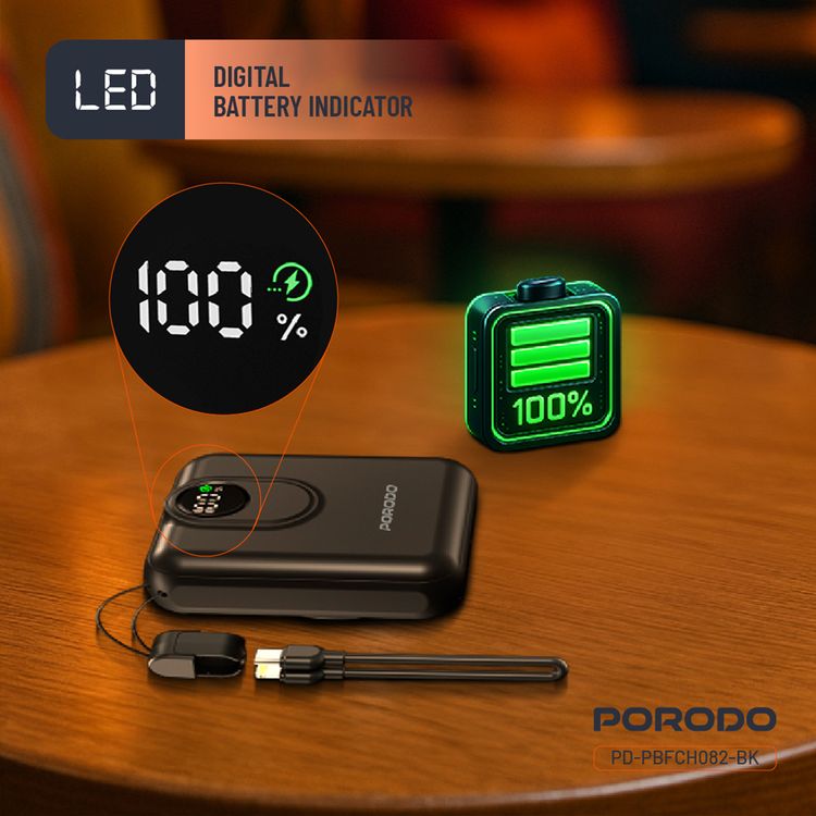 Porodo 10000mAh MagSafe Power Bank with Detachable USB-C to Lightning Cable, 22.5W Power Delivery, Digital Battery Indicator, 15W Maximum Wireless Output - Black