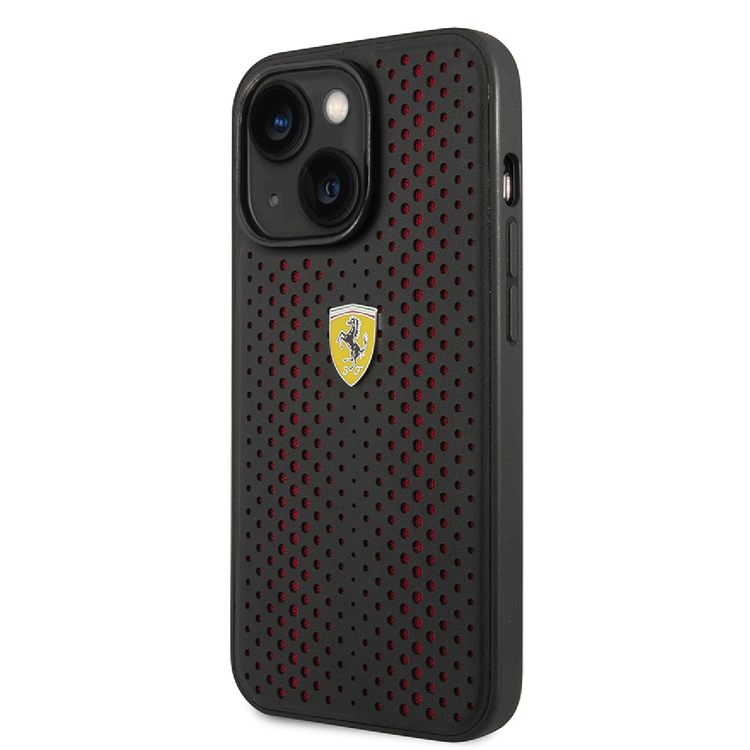 Ferrari PU Leather Perforated Case with Nylon Base & Yellow Shield Logo iPhone 14 Plus Compatibility - Red