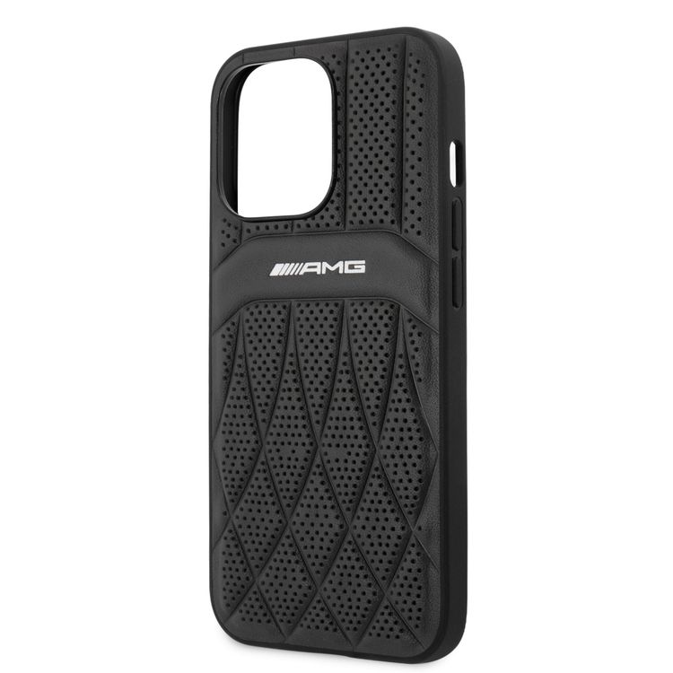 CG MOBILE AMG Genuine Leather Case With Perforated Black Leather Curved Lines Hot Stamped With Logo Compatible with iPhone 13 Pro Max (6.7") Easy Access to All Ports