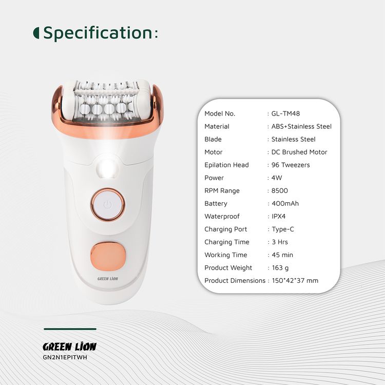 Green Lion 2-in-1 Epilator with Shave & Trim & Epilate Function, Cleaning Reminder, Stainless Steel Blades, 8500RPM Motor, Ergonomic Design, 400mAh Battery Capacity. Digital Display - White