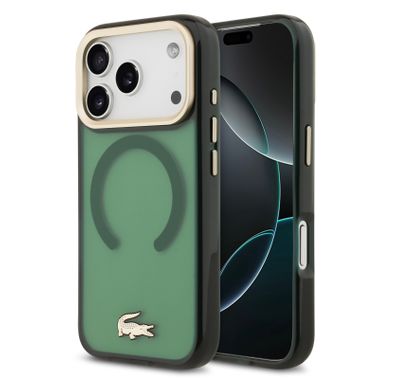 Lacoste MagSafe Transparent TPU & PC Case with Frosted Finish for iPhone 17 Pro, Drop Protection, Slim Profile, Sustainable Packaging, Easy Snap-On Design - Green / Gold