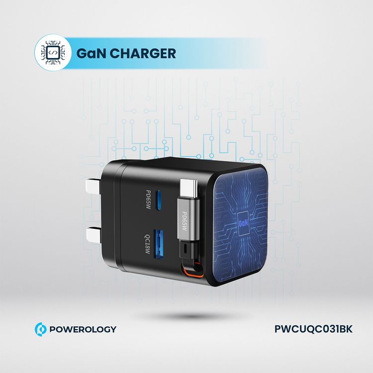Powerology Dual Port Retractable GaN Charger, Built-in Safeguards, 3-Device Charging, 65W Power Delivery, Fire Proof Material, Patented Design, 75cm Retractable Type-C Cable - Black