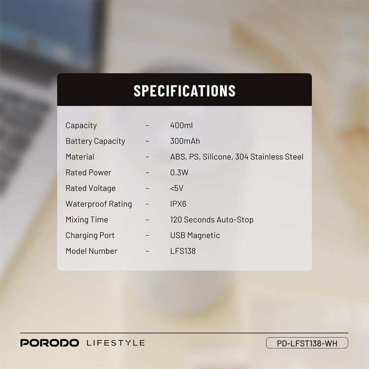 Porodo Lifestyle Auto-Stirring Insulated Mug with 400mL Capacity, Anti-Slip Base, 300mAh Battery Capacity, 120-Seconds Mixing Time with Auto-Stop - White