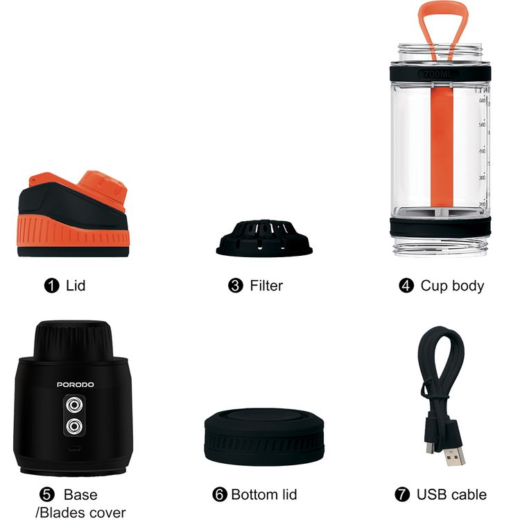 Porodo Lifestyle Nutrimix Dual-Spin Blender with 700mL Jar Capacity, Tritan Jar Material, 304 Stainless Steel Blade Material, 3× 2000mAh Battery Capacity, 3 Hours Charging Time, 30 Seconds Per Cycle Single Working Time, Safety Blade Cover - Black