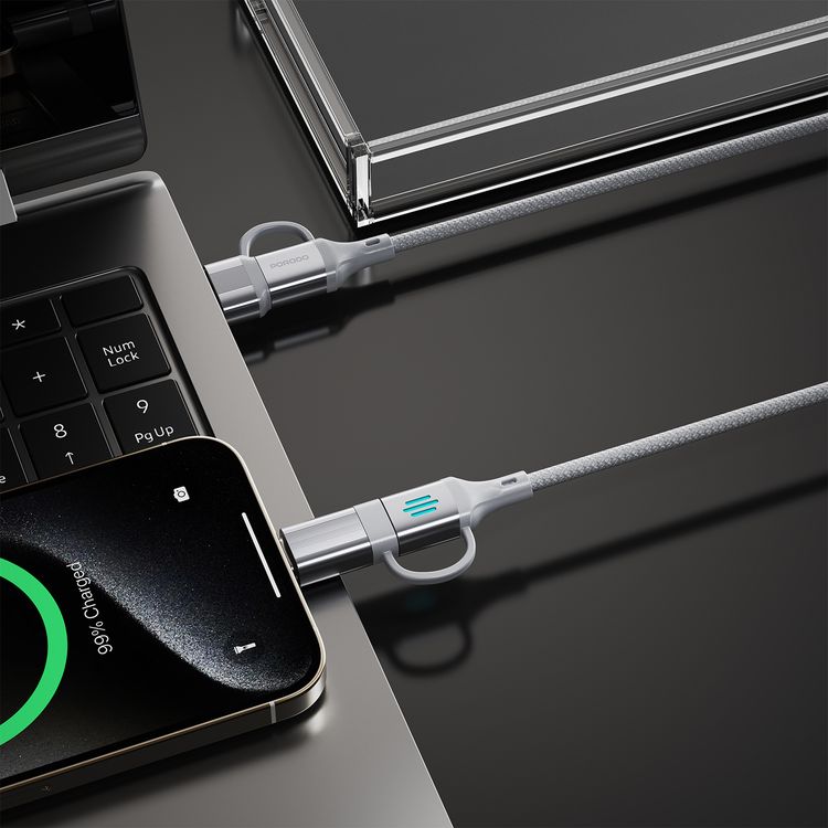 Porodo 4-in-1 High-Speed Charging Cable with Braided Material, 1m Cable Length, 240W Power Delivery, Aluminum Alloy Material, Tangle-Free Design, 480Mbps Data Transfer Speed - Silver