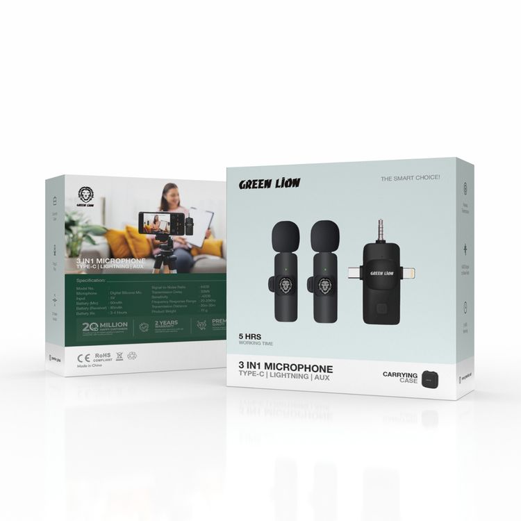 Green Lion 3 in1 Microphone Type C/Lightening/AUX Connector, 3-4 Hours Battery Life, Up to 30m Transmission Distance, 30ms Transmission Delay, Carrying Case Included - Balck 