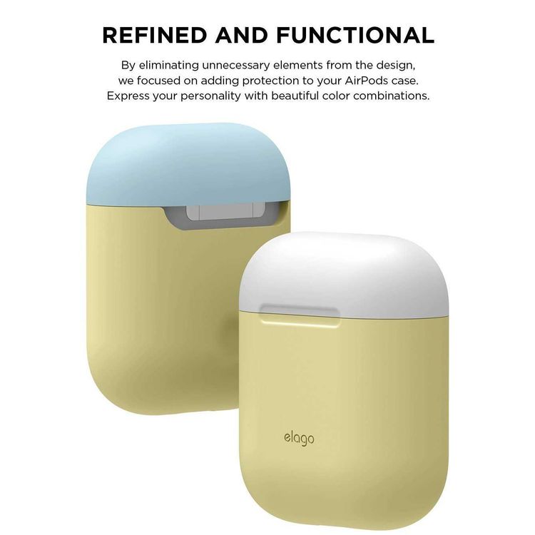 Elago Duo Case for Airpods, 3-in-1 Pastel Color, High Quality Silicone, Shock Resistant, Scratch Resistant, Supports Wireless Charging - Body-Yellow / Top-White,Pastel
