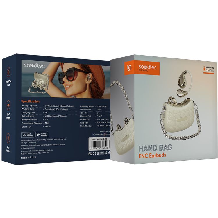 Porodo Soundtec Hand Bag ENC Earbuds with Voice Assistant, Up to 30 Hours Play Time, Fast Charge, 10m Transmission Distance, Up to 6 Hours Talk Time, Crystal-Clear Audio, Type-C Charging Port, 130 Hours Standby Time, 14mm Driver Size - Beige