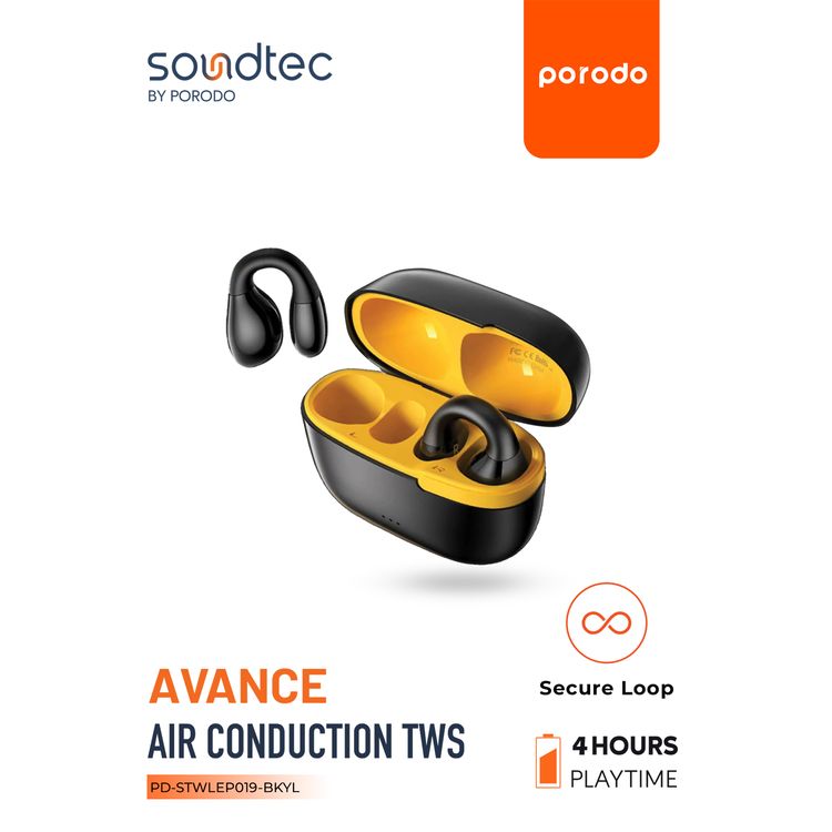 Porodo Soundtec Avance Air Conduction TWS Earbuds with Up to 5 Hours of Playtime, Open-Ear Design, 5.3 Bluetooth Version, Touch Controls, Pocket Friendly - Black