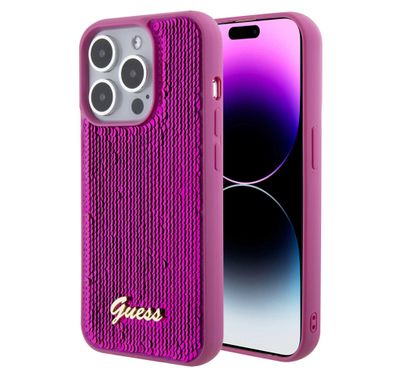 حافظة Guess Sequin Script مع شعار Guess Metal - فوشيا - iPhone 15 Pro
