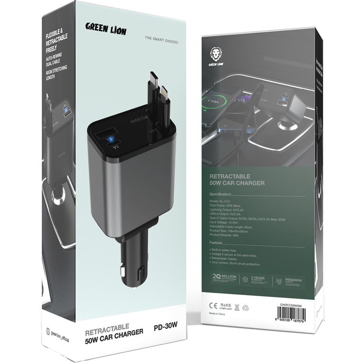 Green Lion Green Lion Retractable 50W Car Charger with Digital Display, 80cm Cable Length, Angle 180° Adjustment, Built-in Safety Fuse, Short Circuit Protection - Black