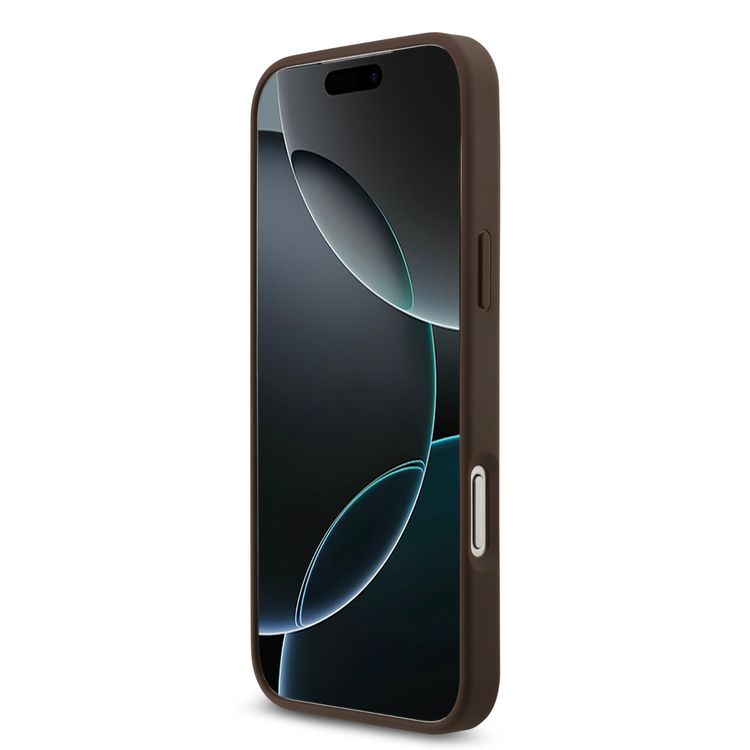 حافظة من البولي يوريثين مع فتحة للبطاقات وشعار معدني محفور لجهاز iPhone 17 Pro، تصميم خفيف الوزن، مسكة مريحة، سهلة التركيب، تغليف مستدام، نحيفة - بني