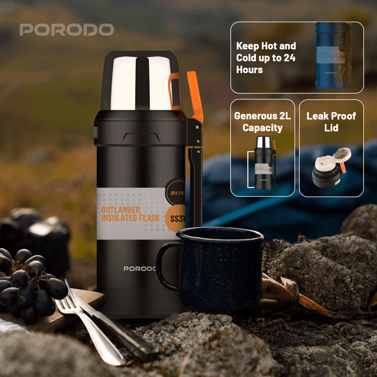 Porodo Lifestyle Outlander Insulation Flask with Triple-Wall Copper Insulated, Leak-Proof Lid, 2L Capacity, Keep Hot & Cold Up to 24 Hours, Food-Grade Stainless Steel - Black