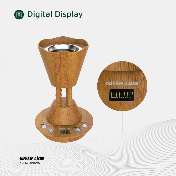 Green Lion Majlis Electric Bakhour Burner with Detachable Base, Digital Display, Countdown Timer, Ceramic Heating Base, Wood-Grain Finish, Safety Cut-Off, 15mL Oil Capacity - Wooden