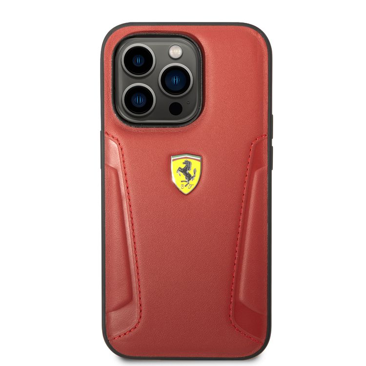 Ferrari Leather Case With Hot Stamped Sides & Yellow Shield Logo - iPhone 14 Pro - Red