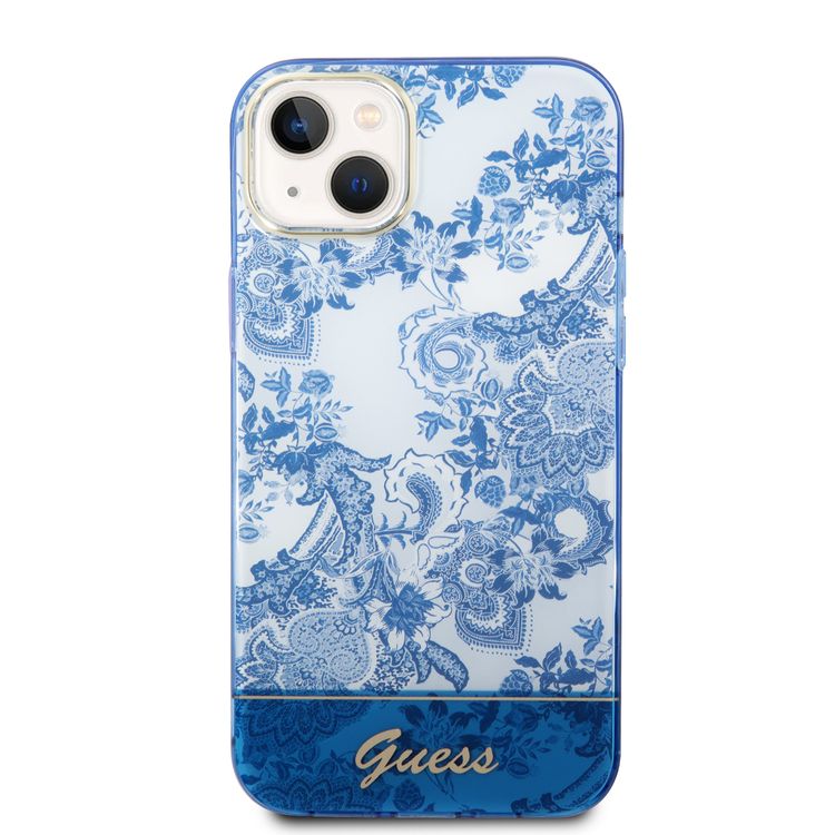 Guess PC/TPU IML Case With Double Layer Electroplated Camera Outline & Toile De Jouy - iPhone 14 Plus - Blue