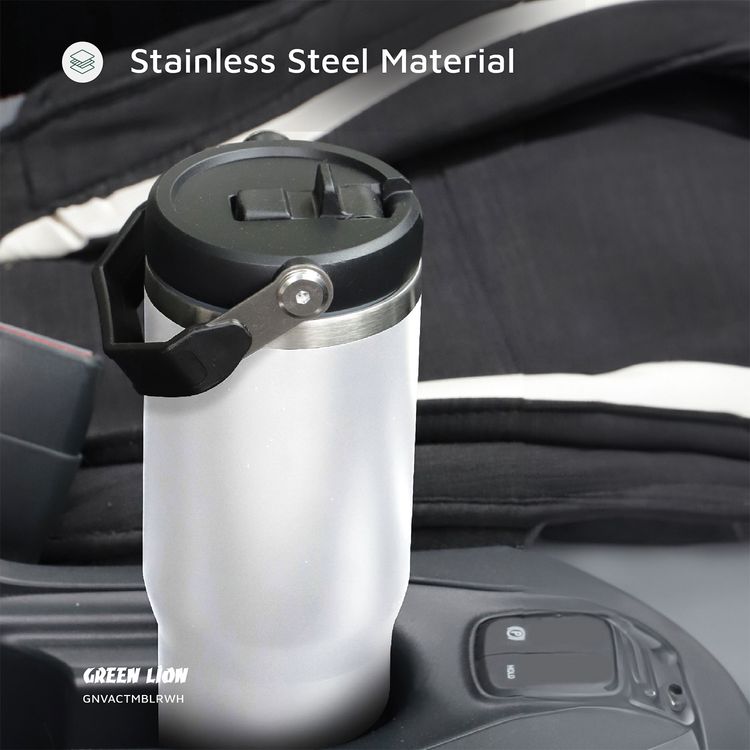 Green Lion Vacuum Tumbler with 900mL Capacity, Stainless Steel Material, Double-Wall Vacuum Insulation, Flip Straw Lid, Portable Handle, Food-Grade Material - White