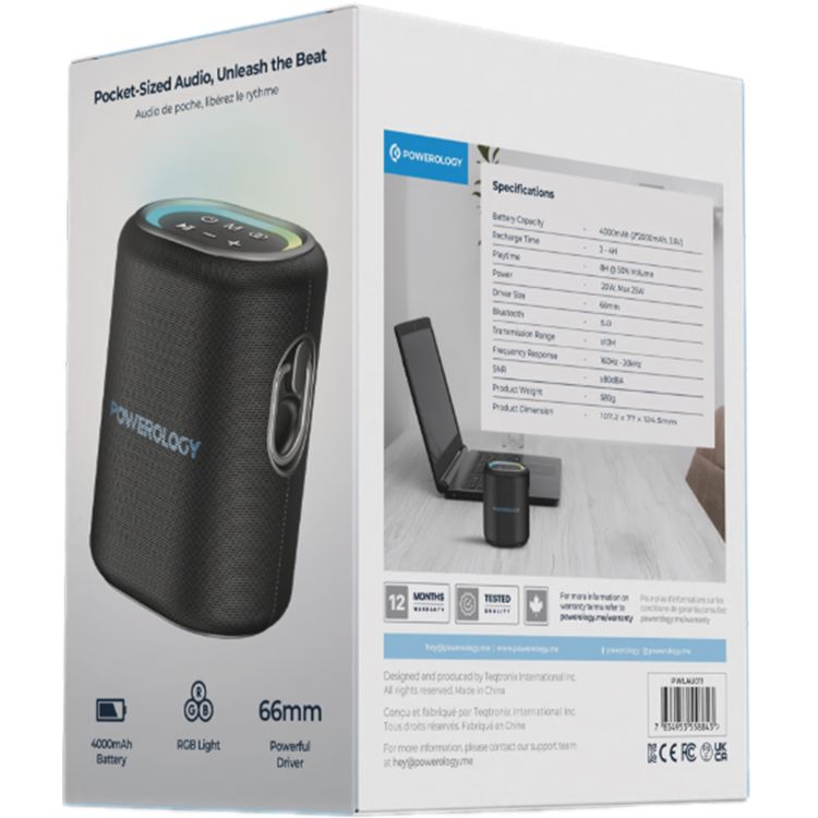 Powerology Portable Loud Speaker, 4000mAh Battery Capacity, Bluetooth Version 5.0, 3-4 Hours Charging Time, 8 Hours Working Time - Black