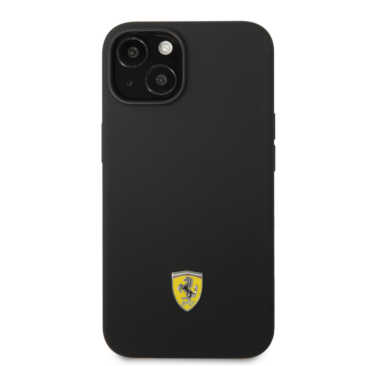 Ferrari Liquid Silicone Case with Black Camera Outline & Metal Logo iPhone 14 Compatibility - Black