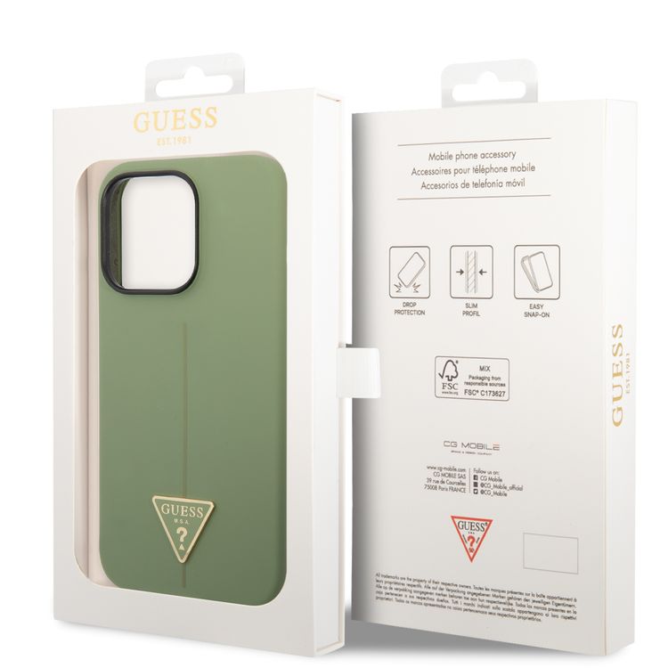 Guess Liquid Silicone Case with Shiny Line & Metal Triangle Tone Logo iPhone 14 Pro Compatibility - Green