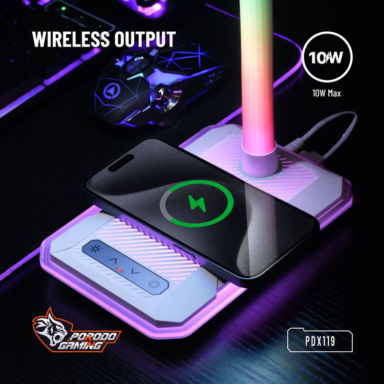 Porodo Gaming E-Sports Desk Lamp with Charging Base, Viewing Angle Adjustment, Colorful Light Adjustment, Brightness Levels, Plug & Play, 10W Max Wireless Output - White