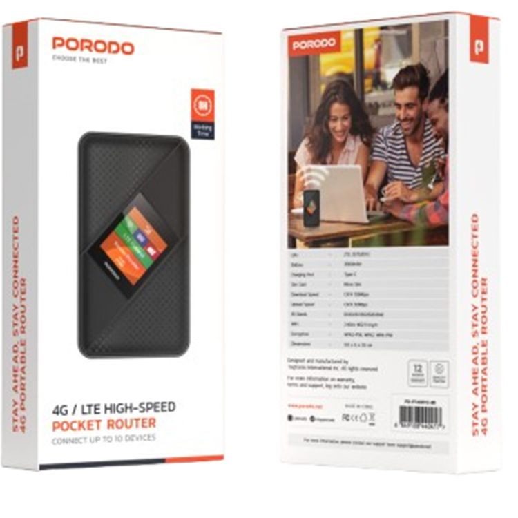 Porodo 4G / LTE High-Speed Pocket Router, Connect Up to 10 Devices, 3000mAh Battery, 8 Hours Working Time, 40 Meters Signal Distance, Micro Sim 