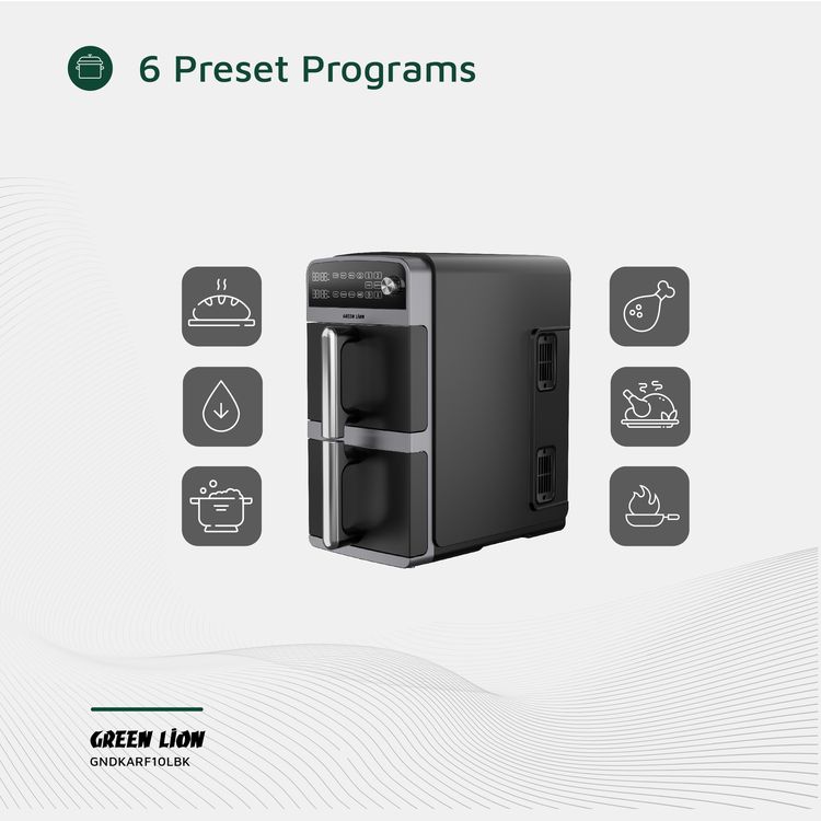 Green Lion Double Decker Air Fryer, 2400W, 110-240V,  50-60 Hz Frequency,  5L+5L Capacity, 0-200°C Temperature, Auto Function, Sync and Match Functions - Black